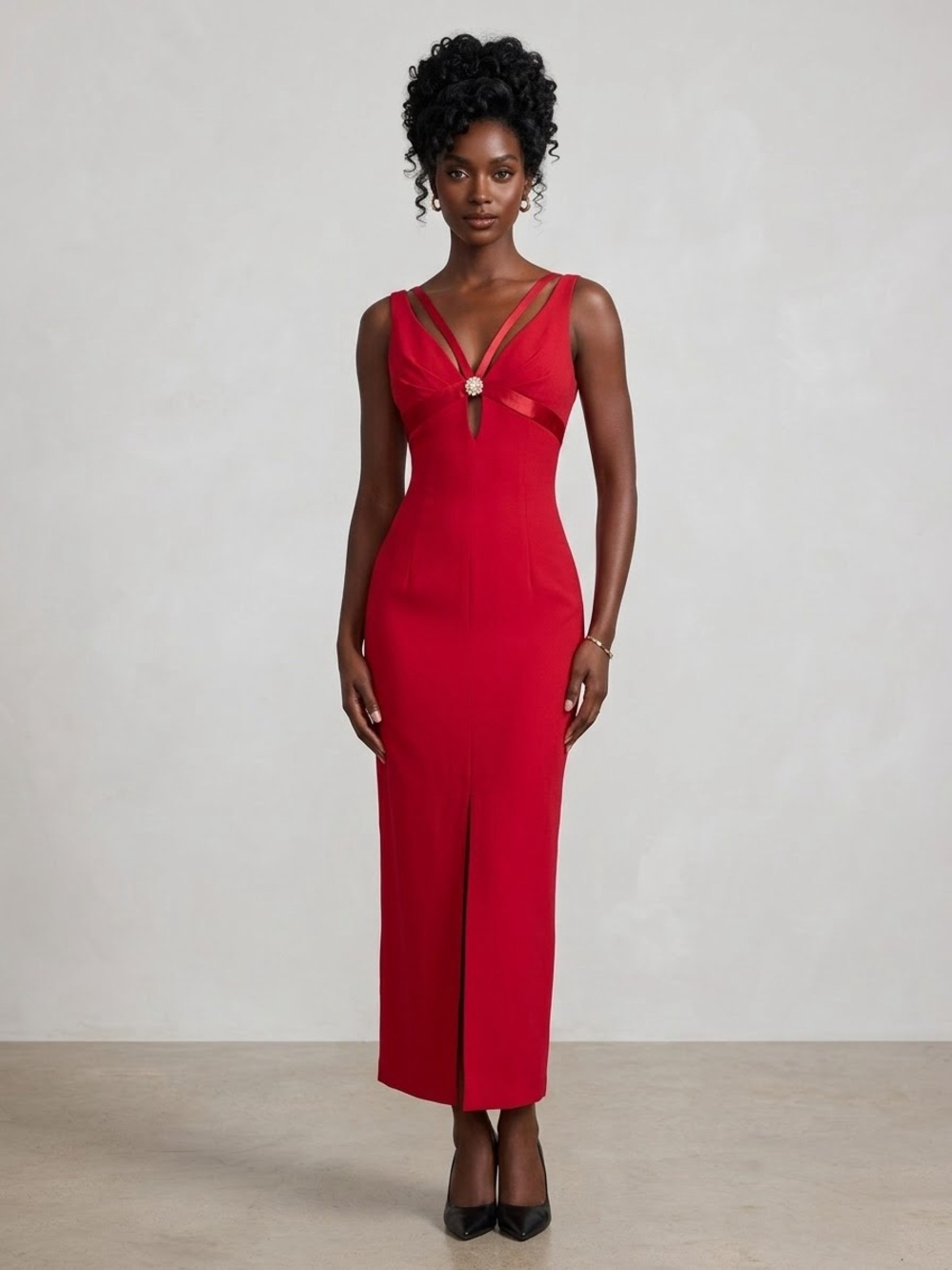 Vintage 80s Solid Red Fitted Full Length Cut Out Formal Dress
